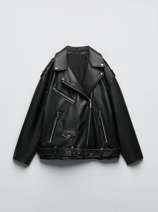 Biker Leather Jacket with Belt